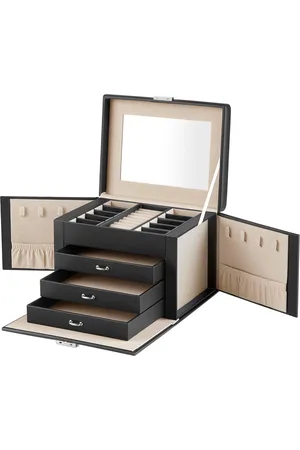 Merkloos Sieraden opbergdoos met handvat en spiegel - Moderne sieradenorganizer voor op reis - 4 niveaus, 3 lades - Zwart JBC159B01