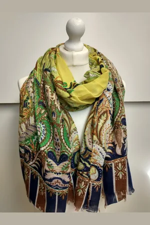 Merkloos Lange dames sjaal Namira fantasiemotief cacao bruin appel groen wit donker blauw oranje beige