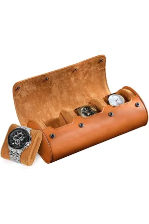 Merkloos Horloge-rol reiskoffer voor 3 horloges - horlogeetui echt leer - horlogedoos voor kleine horloges - bruin