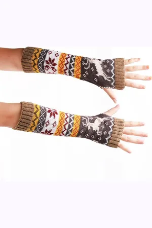 Merkloos Polswarmers met rendieren - Scandinavische winter armwarmers - Gebreide vingerloze lange handschoenen - Dames