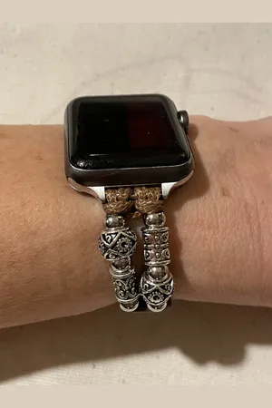Merkloos Geschikt voor Apple Watch horlogebandje- 38/40/41 mm-Boho vintage- donkerbruin leren bandje met kralen en gespsluiting