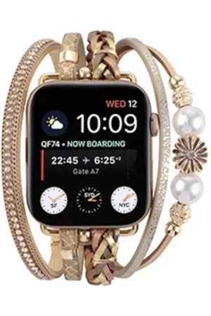 Merkloos Applewatch -Bohemian flower style horlogebandje-42/44/45 mm leer en kralen