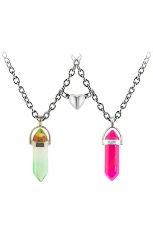 Bixorp Friends Magnetisch Hartje BFF Ketting voor 2 met Groen/Roze Kristallen - Zilverkleurig - Koppel Cadeau