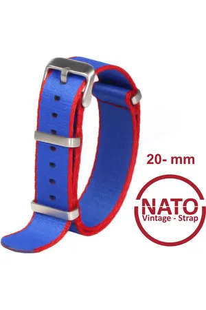 Merkloos 20mm Nato Strap BLAUW MET RODE STREEP - Vintage James Bond - Nato Strap collectie - Mannen - Horlogebanden - 20 mm Geschikt voor oa: - Seiko, SKX009 SKX007 SKX021, OMEGA Seamaster, Rood , Citizen, Tag Heuer, Casio, Tudor, Rolex submariner