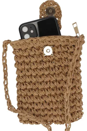 sarlini Telefoontasje dames met rits en drukknoop - Schoudertasje telefoon - Gevlochten papierstro