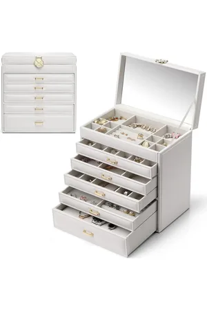 Merkloos Sieradendoos met 6 niveaus lades van imitatieleer voor dames - wit - oorbellen kettingen sieraden organizer