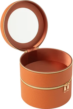 J-line Cosmetica Doos Rond+spiegel Kunstleder Cognac - 19.5x19.5x19.5cm