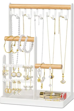 Merkloos 4-laags sieradenorganizer standaard - oorbelorganizer en kettinghouder - sieradendisplaystandaard met metalen opbergbak - kettingen armbanden ringen horloges - geschenken voor vrouwen