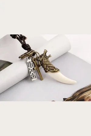 Sorprese Ketting Heren - Vintage - Imitatie Leeuwentand - Leer - Verstelbaar - Leren Heren Ketting - cadeau - Model X