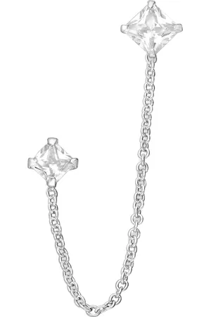 EAR IT UP Oorbellen - Dubbel - Ketting - Push back oorknopjes - Zirkonia - Klauwzetting - 925 sterling zilver - 5 x 56 mm - 1 stuk