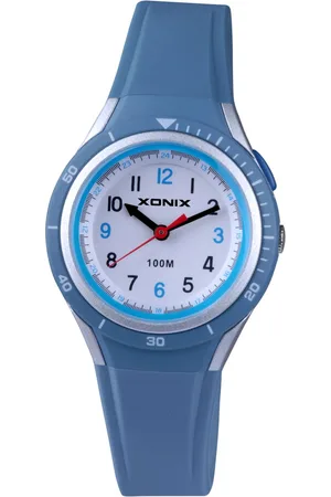 XONIX ABO-004 - Horloge - Analoog - Kinderen - Unisex - Siliconen band - ABS - Cijfers - Waterdicht - Blauw - Zilverkleurig - Grijs - 10 ATM