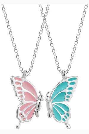 Bixorp Friends BFF Ketting voor 2 met Vlinders - Roze & Blauw aan Goudkleurig Koord - Cadeau voor Haar / Dames / Vriendin / Mama / Vrouwen- Best Friends voor Twee