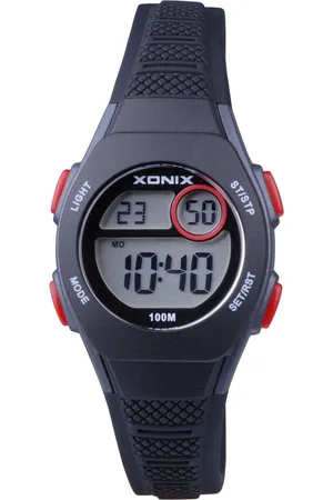 XONIX BAY-007 - Horloge - Digitaal - Kinderen - Unisex - Rond - Siliconen band - ABS - Cijfers - Achtergrondverlichting - Alarm - Start-Stop - Tweede tijdzone - Datumaanduiding - Waterdicht - 10 ATM - Zwart - Grijs - Rood