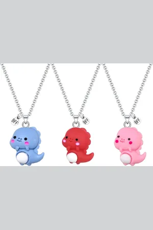 Bixorp Friends BFF Ketting voor 3 met Schattige Dino - Rood, Blauw & Roze - Dinosaurus met ei - 45cm + 5cm verstelbaar
