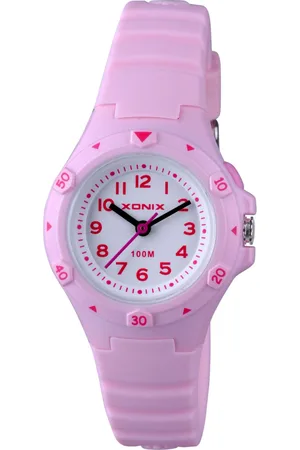 XONIX ABH-001 - Horloge - Analoog - Kinderen - Unisex - Siliconen band - ABS - Cijfers - Achtergronverlichting - Roze - Wit - Waterdicht - 10 ATM