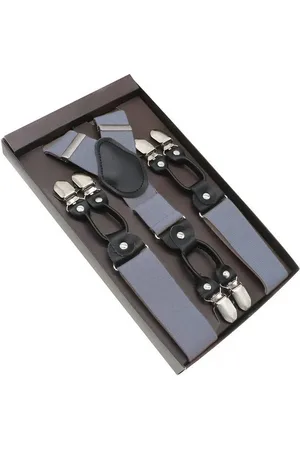 Merkloos Luxe chique bretels - jeans look - denim /grijs effen dessin - zwart leer - 6 stevige clips - bretels heren - unisex