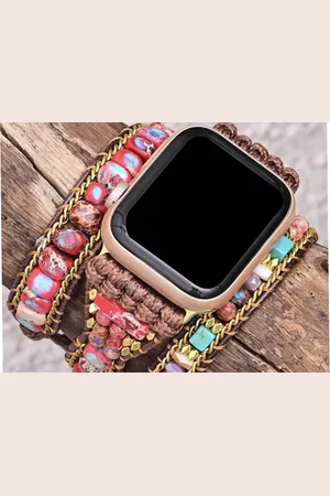 Merkloos Apple Watch bohemian horloge bandje 42/44/45 mm roze/bruin Natuursteen Kralen Wikkelband Ibiza stijl