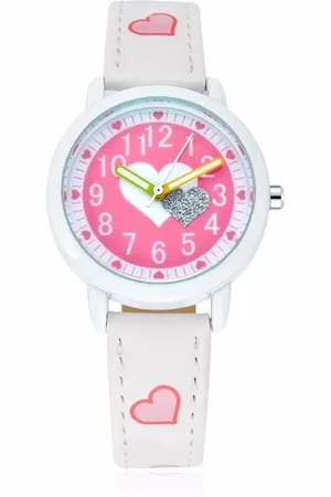 Lazy Cat Meisjes Horloge - Wit met Roze Hartjes – Leren Bandje - Girls Watch