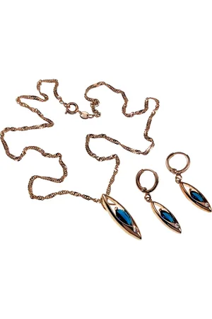 esde2 Driedelige set Dames - Rose Gold Plated - Ketting met Hanger en Lange Oorbellen met Blauwe Zirkonia