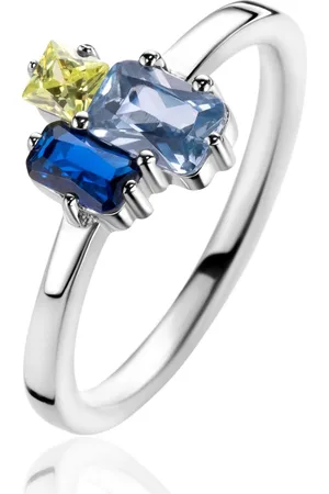 ZinZi Zilveren ring met rechthoekige zettingen, bezet met licht groene, licht blauwe en saffier blauwe kleurstenen ZIR2496