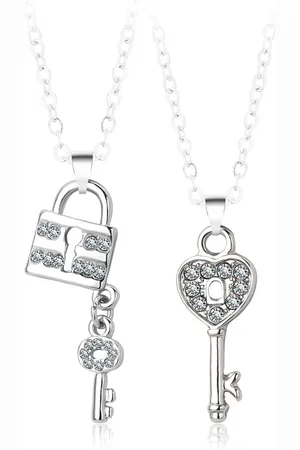 Bixorp Friends BFF Ketting voor 2 Zilverkleurig Sleutel & Slotje Magnetisch - Zirkonia Kristalletjes - Best Friends Ketting Vriendschap Cadeau voor Twee