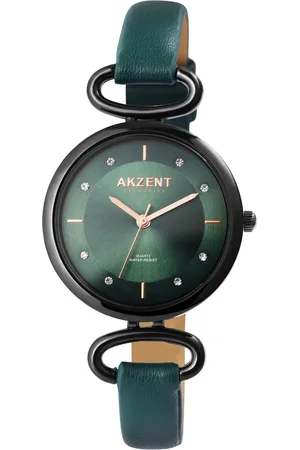 Akzent Dames horloge-Analoog-Rond-33MM-Zwart-Groen lederen band.