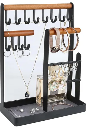 Merkloos Sieradenstandaard met dienblad - opbergrek voor halskettingen armbanden ringen horloges - ijzeren standaard met houten stokken - zwart