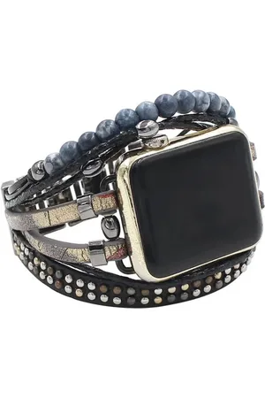 Merkloos Apple Watch bohemian horloge bandje 42/44/45 mm Ibiza stijl zwart goud bruin Leer Hout Metalen Sluiting