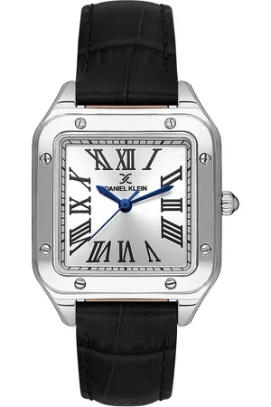 Daniel Klein DK.1.13599-1 - Horloge - Analoog - Dames - Vrouwen - Vierkant - leren band - Metaal - Romeinse Cijfers - Zwart - Zilverkleurig