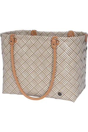 Handed By Shopper XL - Grote tas - Strandtas - Sporttas - Boodschappentas - Weekendtas - Lange hengsels - Handgevlochten - Sainte-Maxime Stripes - /groenbruin met witte streepjes