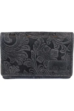 ARRIGO BELLO Donkerblauwe Dames Portemonnee Leer Met Bloemenprint - Kleine Lederen Portemonnee