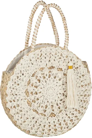 J-line Strandtas Rond+kwast Zeegras/kant Nat/wit - 40x7x40cm