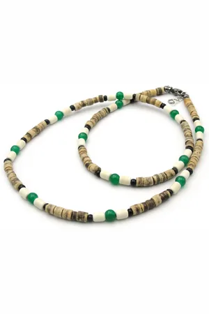 No Evil Dunne kralenketting met slotje wit en groen met kokoskralen lengte 45-47 cm
