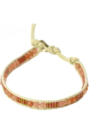 Silventi Rekarmband Kralen Zalm Goud Leer Wit 18+2CM
