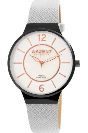 Akzent Dames horloge-Analoog-Rond-36MM-Zwarte kast-Grijs lederen band.