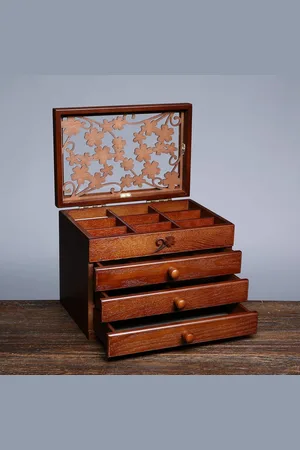 Merkloos Sieradendoos, Houten juwelendoos, juwelendoos met 4 niveaus, juwelenopberger met 3 uittrekbare laden, juwelendoos met floraal houtsnijwerk, geschenkidee, bruin