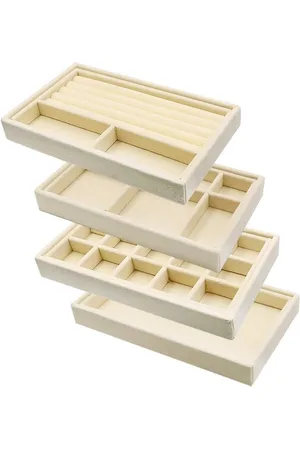 Merkloos Opbergdoos voor Sieradenlade - Opbergbakken Set van 4 - Stapelbare Sieradenlade Organizer - Sieradendoos voor Oorbellen Armbanden Kettingen en Ringen - Oorbelhouder - Beige