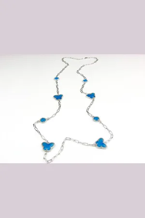 SOPHIE Lange zilveren halsketting collier halssnoer gerhodineerd Model Vlinder en Bol met fel blauwe stenen