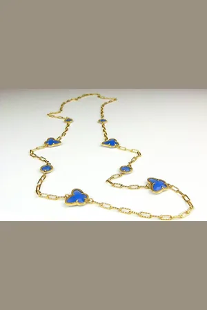SOPHIE Lange zilveren halsketting collier halssnoer geelgoud verguld Model Vlinder en Bol met blauwe stenen