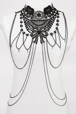 KIMU Body Chain Kant Strik - Lichaamsketting Victoriaans Sexy Lace Buikketting Lichaam Ketting Harnas - Steampunk Collar Zwarte Choker Festival