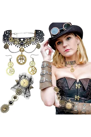 Merkloos Steampunk Accessoires Vrouwen Punk Choker Armband Oorbel Steampunk Kostuum Retro Gear Lolita Ketting Halloween Cosplay