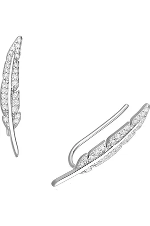 EAR IT UP Oorklimmers - Veer - Feather - Ear climbers - Earclimbers - Ear crawlers - Gerhodineerd zilver - Zirkonia - Pavézetting - 25 x 4 mm - 1 paar