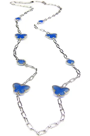 SOPHIE Lange zilveren halsketting collier halssnoer gerhodineerd Model Vlinder en Bol met blauwe stenen