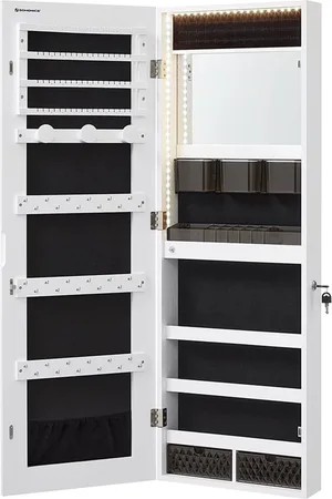 Merkloos Witte Sieradenkast - Staande Spiegel - Fluweel gevoerd - MDF-constructie - 37,5 cm x 9,7 cm x 108 cm - Grote opslagcapaciteit