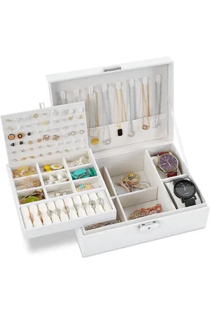 Merkloos Jewellery Box for Women - 2 Layers Lockable with Keys Leather Waterproof for Girls - Rings Necklaces Watches (White)