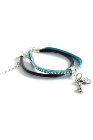 2 Love It Key to Love - Armbandenset van 2 - Leer - Suède veter met studz - - Zwart - Zilverkleurig