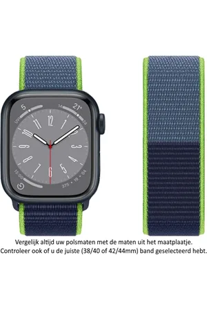 Merkloos Twee tinten blauw en neongroen Nylon Horlogebandje Geschikt voor Apple Watch 1, 2, 3, 4, 5, 6, 7, 8, 9, SE, 38mm, 40mm & 41mm "Vrouwenbreedte" Series - Zacht Geweven Nylon - 38 mm, 40 mm en 41 mm
