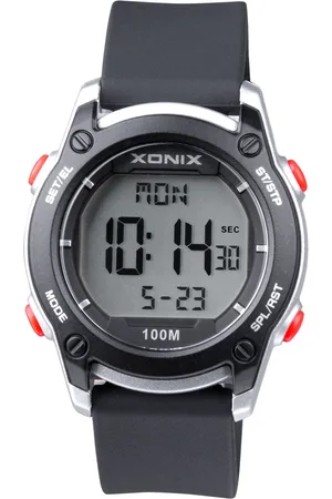 XONIX BAZ-007 - Horloge - Digitaal - Kinderen - Unisex - Rond - Siliconen band - ABS - Cijfers - Achtergrondverlichting - Alarm - Start-Stop - Tweede tijdzone - Datumaanduiding - Waterdicht - 10 ATM - Zwart - Zilverkleurig - Rood