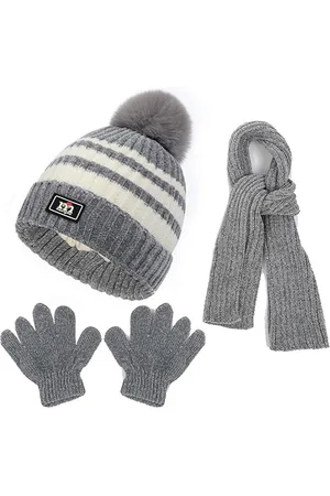 Merkloos Pom muts en handschoenen voor kinderen, warme strepen, beanie, wintermuts, lange sjaal en handschoenen, set voor 2-8 jaar, jongens en meisjes, winteraccessoireset, outdoor sport, .