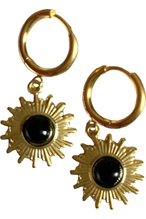 ASTRADAVI 18K Vergulde Sieraden - Oorbellen - Vintage Dangle Lucky Charms Hoop Oorbellen - Zon Charme met Zwarte Agaat Natuursteen - Cadeau Idee